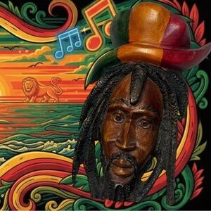Vintage Jamaican Carved Wood Rastafarian Rasta Bust Folk Art Sculpture